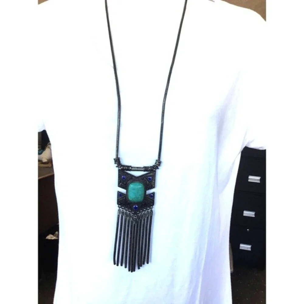 Silver Tone Square Medallion With Faux Turquoise